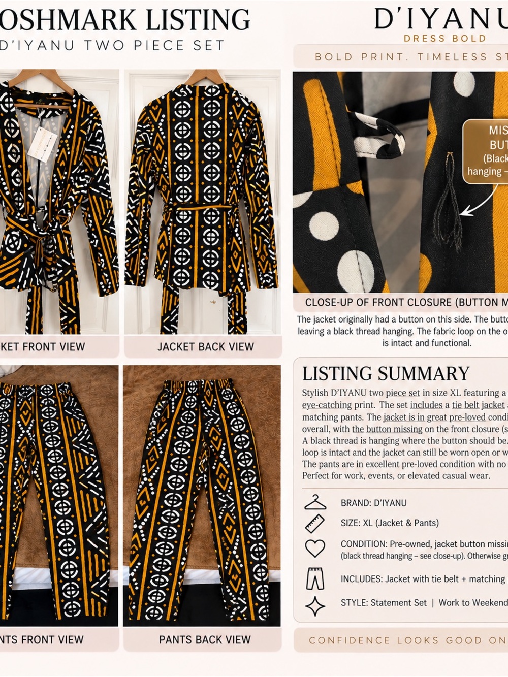 D'IYANU Black & Mustard Printed Two-Piece Blazer Set
